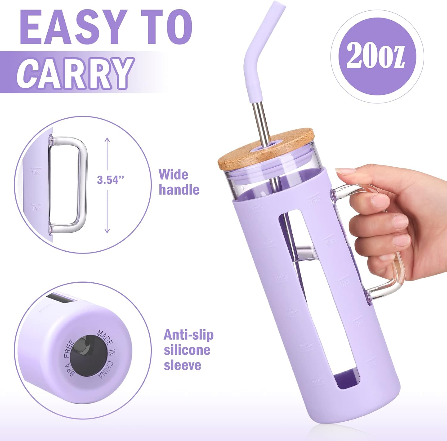 Kodrine Vaso con tapa y pajilla, vaso de café de vidrio de 20 onzas con asa, taza para batidos con tapa de bambú, marcador de tiempo, funda