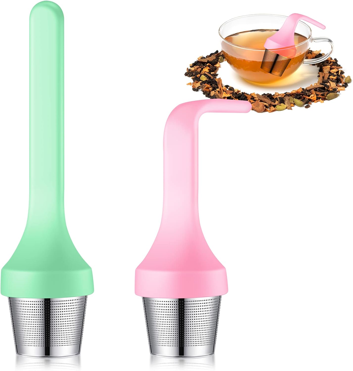 2 infusores de té, filtro de taza de té de malla extrafina, mango de silicona, perfecto para té de hojas sueltas o té de hierbas para tazas y