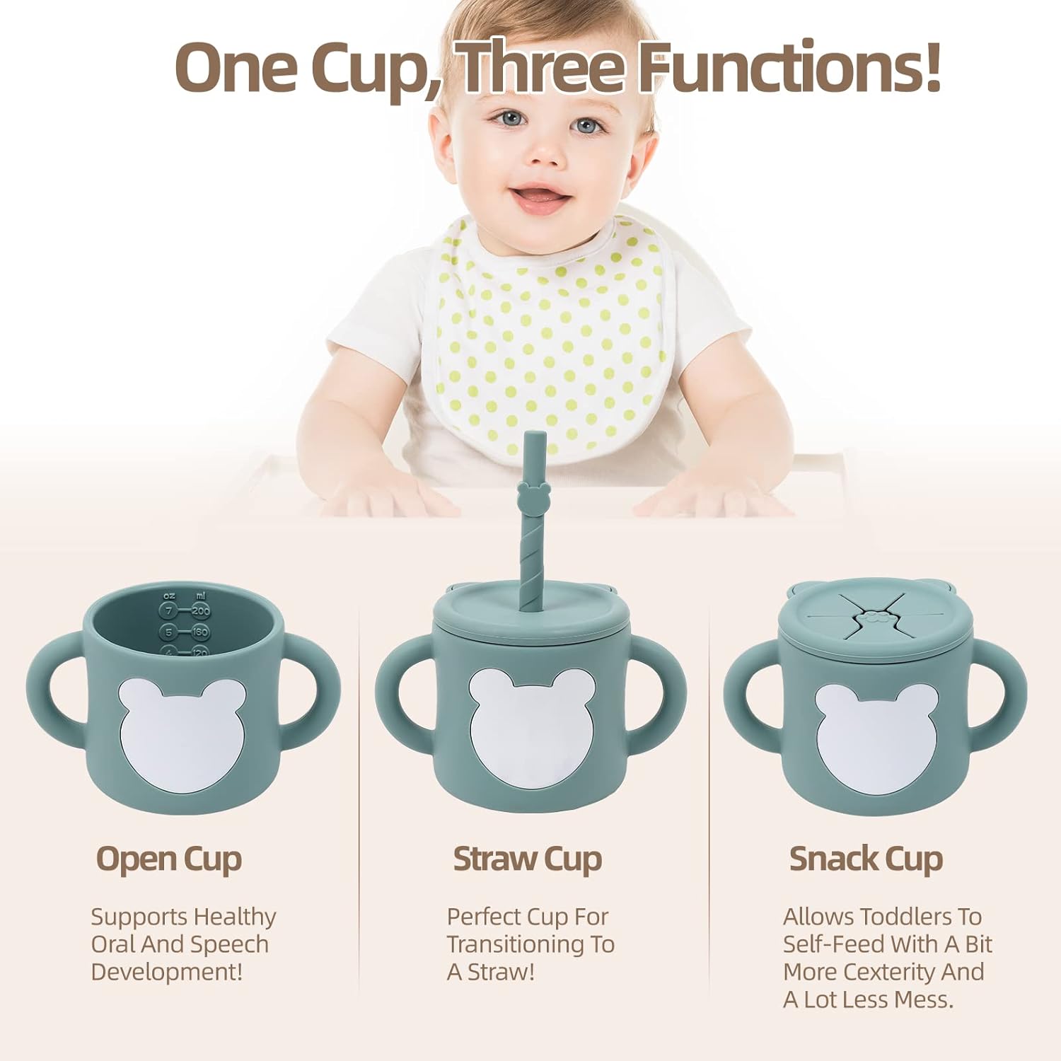 ROISDIYI Vasos para bebés de 6 meses de silicona con popote para bebé, 8 onzas, a prueba de derrames, tapa extraíble para aperitivos, asas de fácil