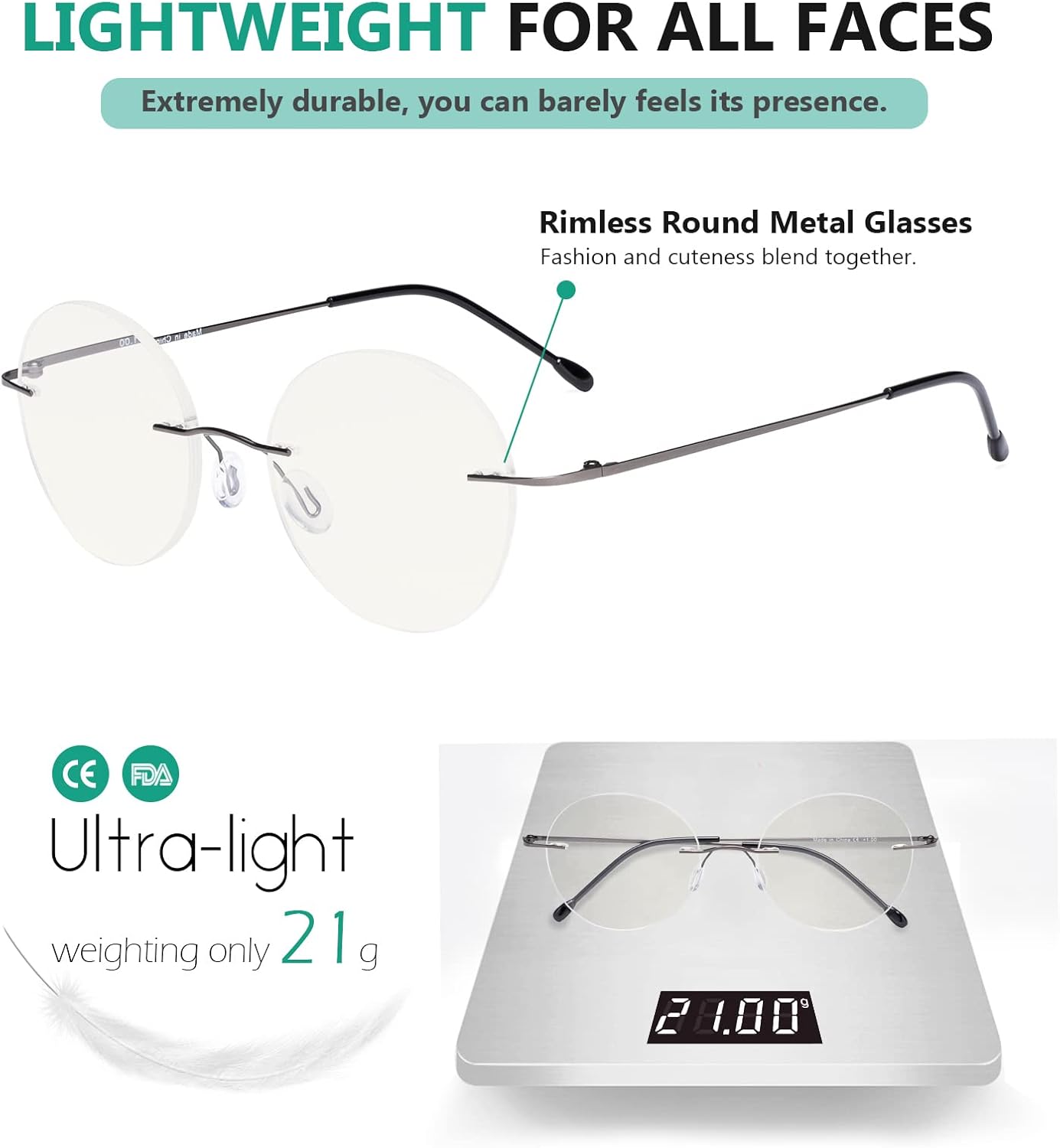 Eyekepper Gafas progresivas sin marco multienfoque para lectores con filtro de luz azul, redondas, retro, lentes de lectura para hombres y mujeres,