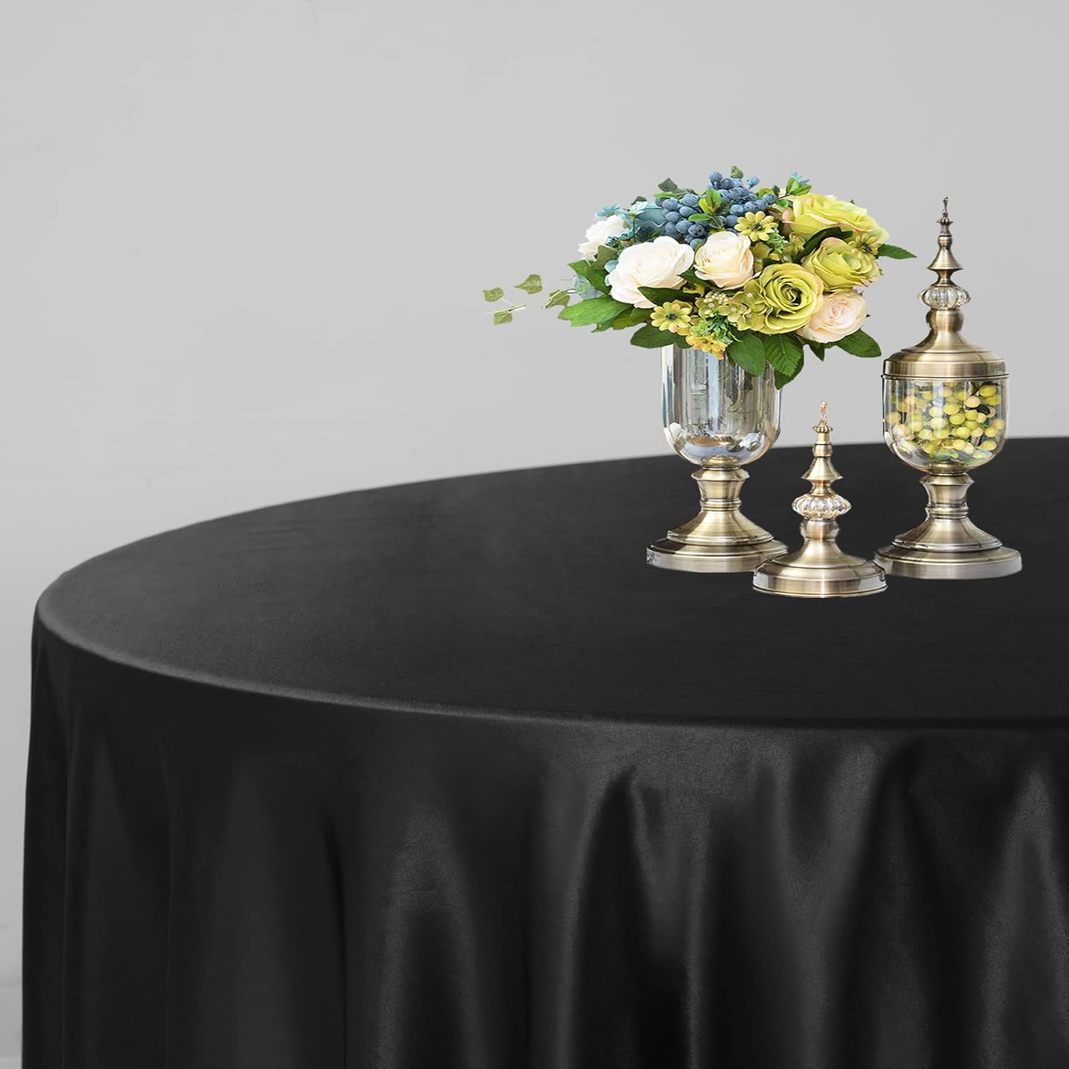 Paquete de 10 manteles de satén de 108 pulgadas, color negro, redondo, sedoso, de tela lavable, de seda brillante, para decoración de bodas,