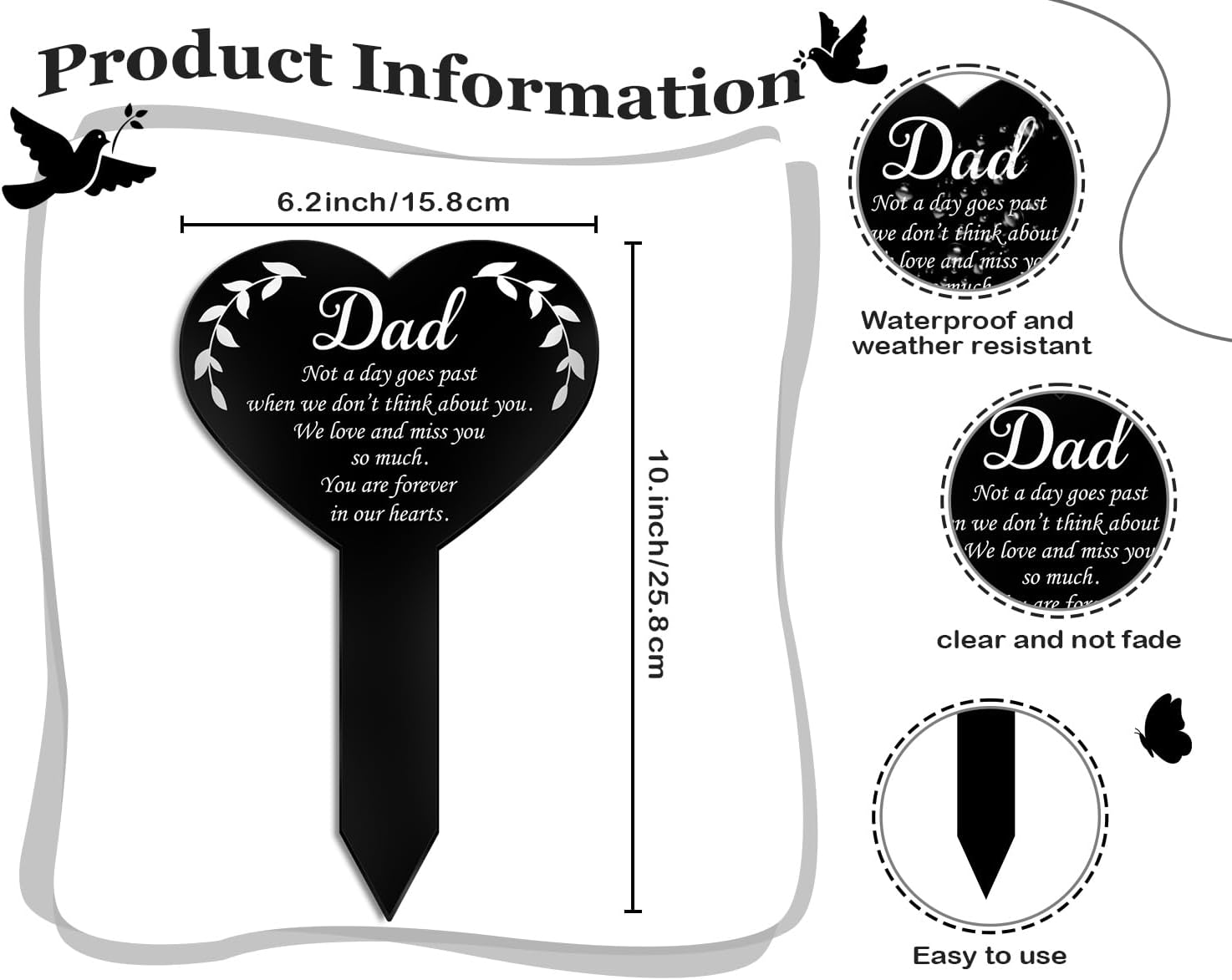 Placa de recuerdo conmemorativo para papá, estaca, acrílico blanco y negro, impermeable, para exteriores, marcador de tumba, homenaje, marcador de