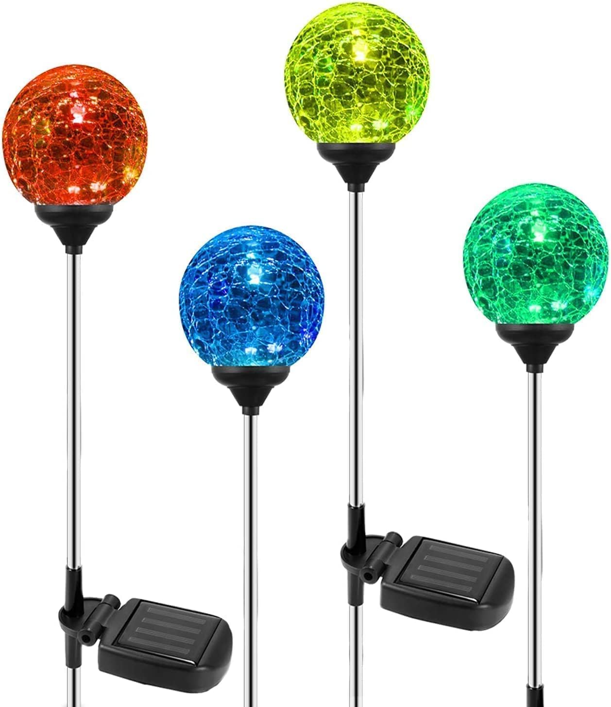 Luces solares para exteriores, paquete de 4 luces LED solares de cristal agrietado de cristal, luces solares de bola de estaca que cambian de color,
