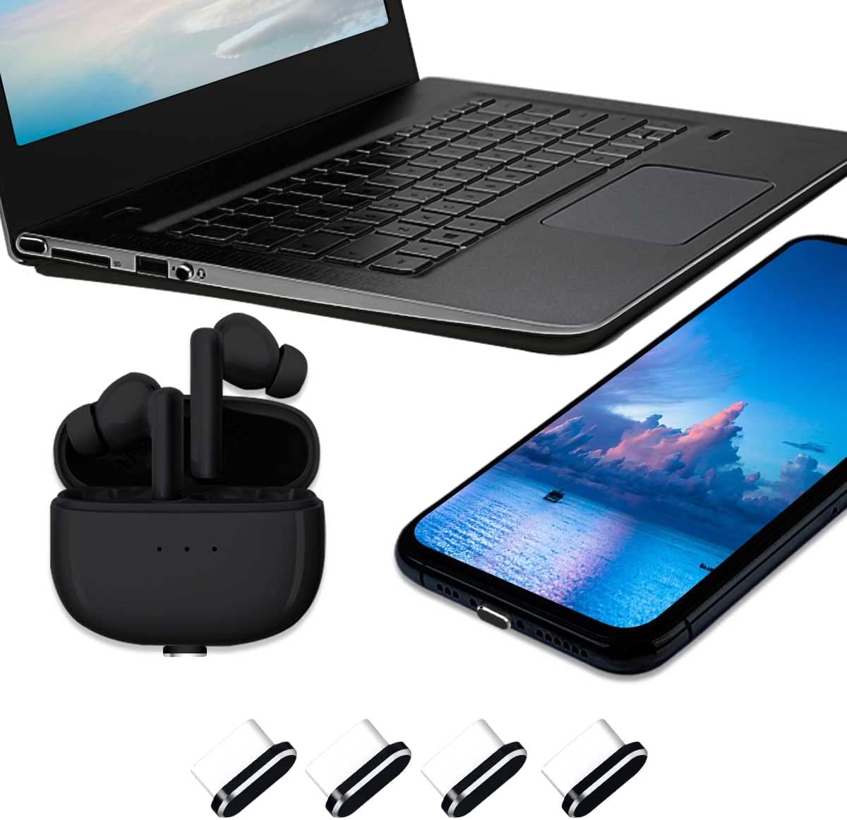 Paquete de 4 tapones USB C para puerto de carga tipo C, color negro, compatible con iPhone 15 Pro Max Plus Samsung S24 S23 S22 S20 Ultra Plus,