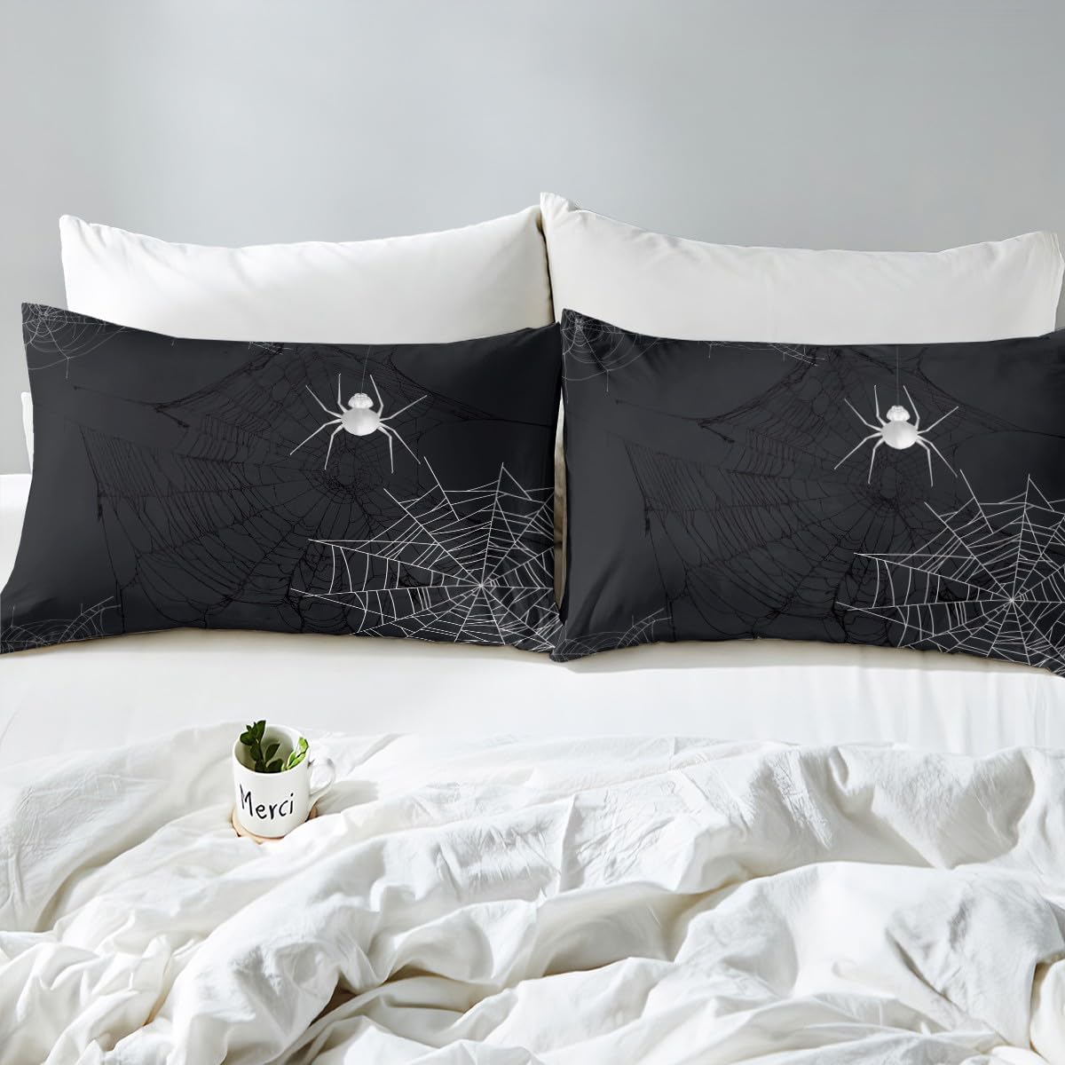 Juego de ropa de cama de tela de araña, tamaño matrimonial, para niños, niñas, adolescentes, color blanco y negro, funda de edredón transpirable con
