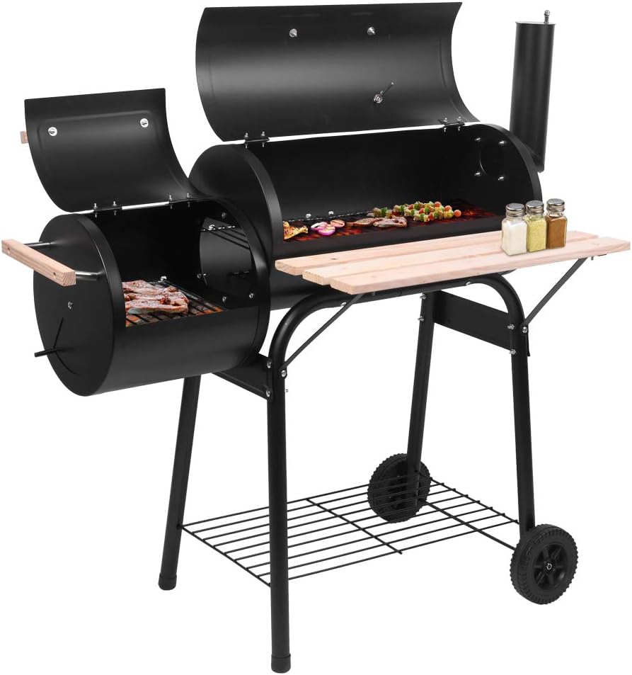 Outvita Parrilla de carbón para barbacoa, cocina de barbacoa para patio al aire libre con ahumador desplazado, ruedas y bandeja para balcón,