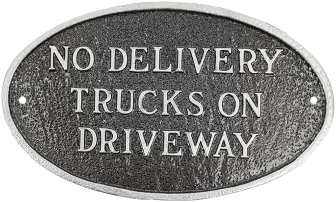 Placa ovalada con texto en inglés “No Delivery Trucks on Driveway” – Placa de visualización de pared o césped – Señal de advertencia comercial –