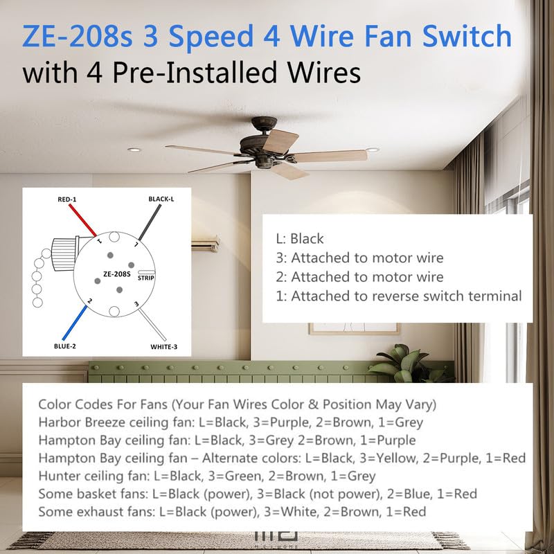 ZE-208S – Interruptor de cadena para ventilador de techo, ZE-208S 3 velocidades 4 cables interruptor de luz de ventilador con 4 cables preinstalados