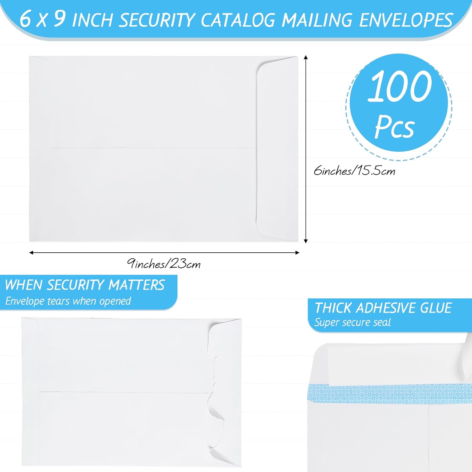 100 sobres de seguridad autoadhesivos de 6 x 9 pulgadas, color blanco, de 27 libras, diseñados para correo seguro, sostiene de forma segura folletos