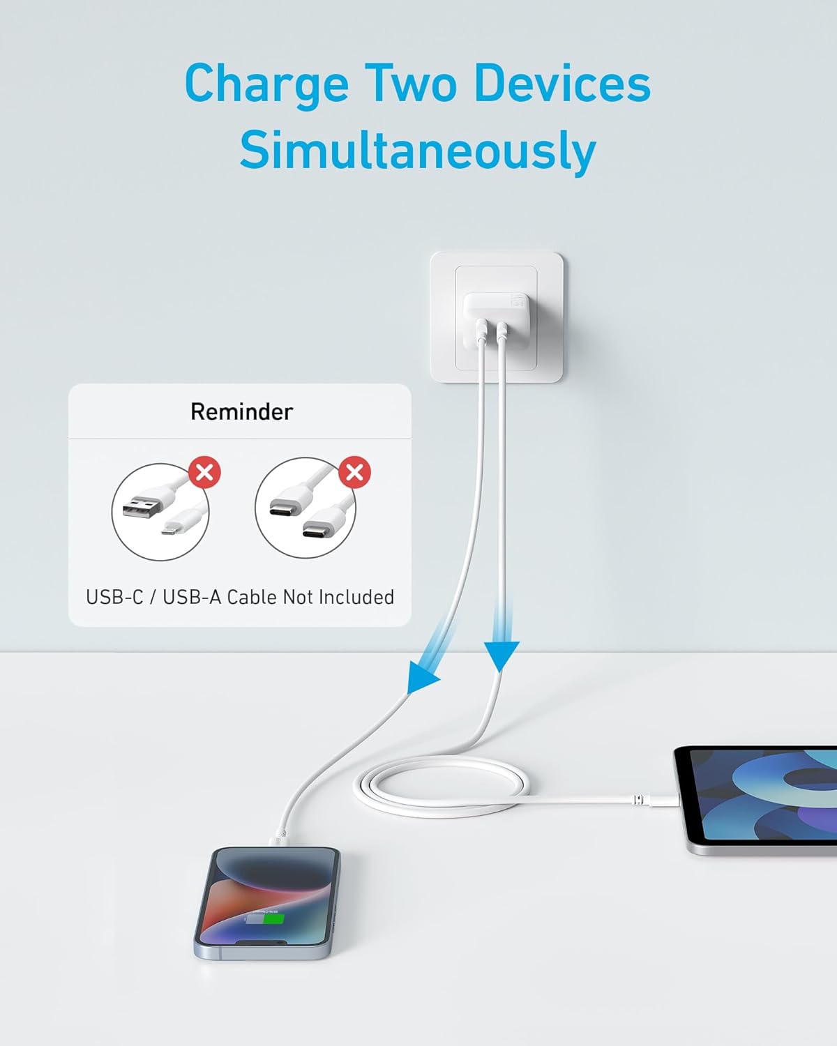 Anker Cargador para iPhone 15, cargador Anker USB C, paquete de 2 cargadores de pared rápidos USB de doble puerto de 20 W, bloque de cargador USB C