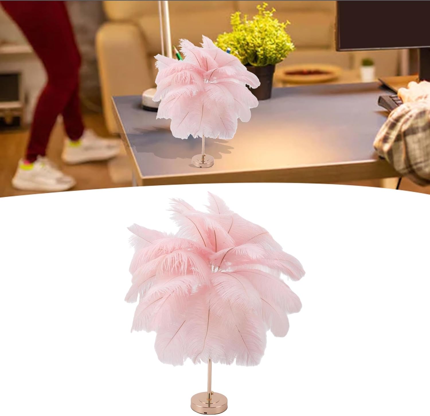 GOWENIC Lámparas de mesa inalámbricas, luz de escritorio con control táctil, lámpara de noche LED recargable, luz nocturna de plumas de avestruz,