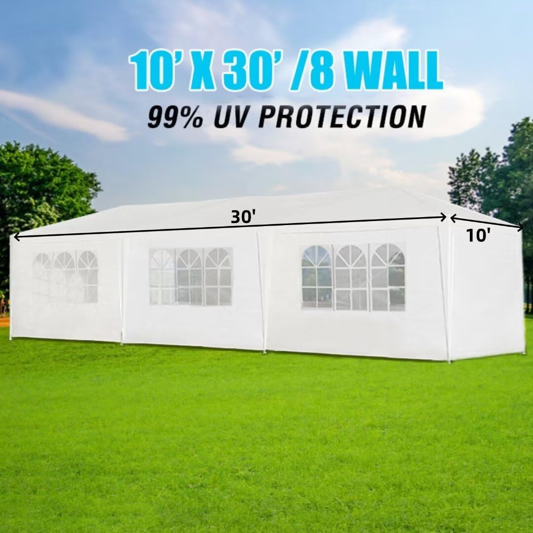 LPP-AWH 10’x30′ Party Canopy Tent – Outdoor Wedding Party Tent with 8 Removable Sidewalls UV and Water-Resistant Heavy Duty Gazebo White Pavilion