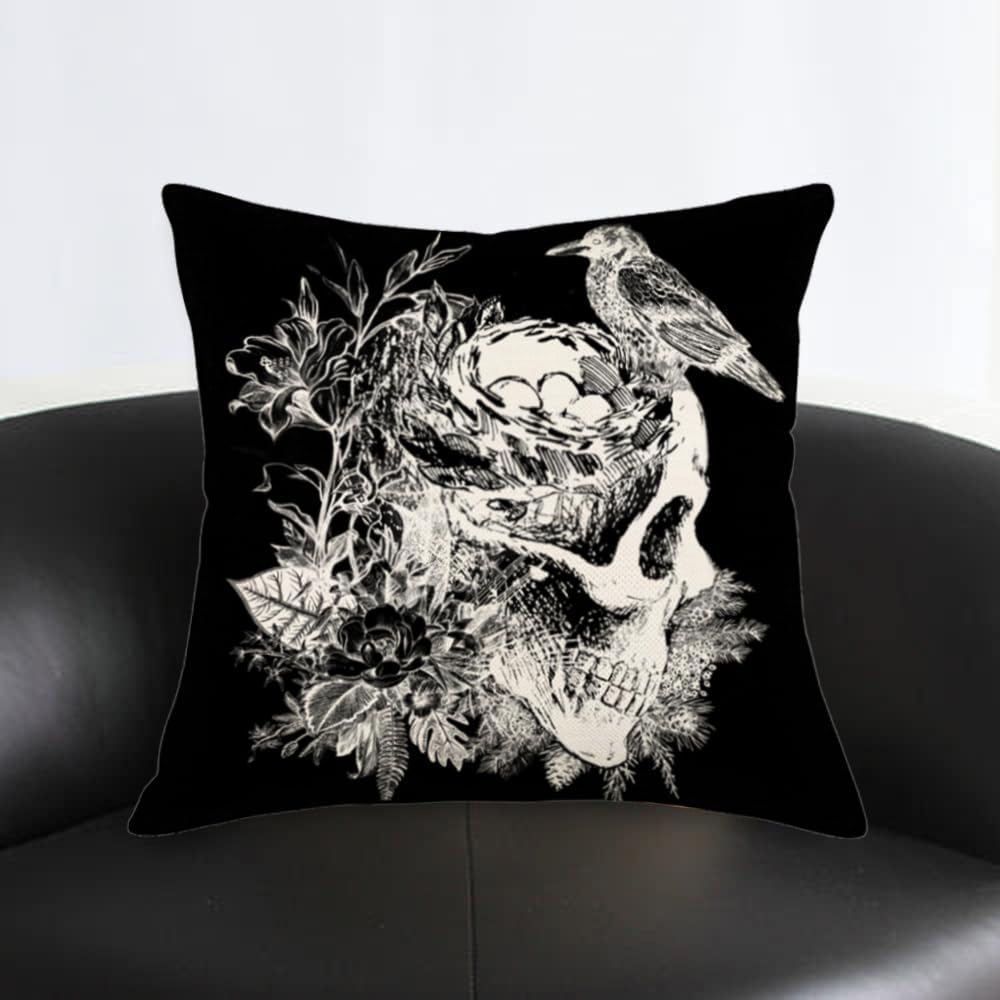 Fundas de almohada decorativas de Halloween de 18 x 18 pulgadas, fundas de almohada de calavera negra y blanca, fundas de almohada de esqueleto de