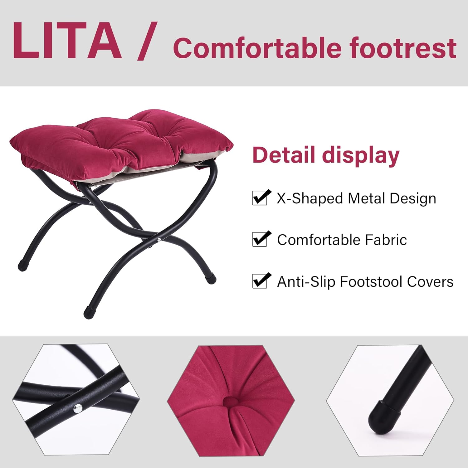 LITA Taburete reposapiés tapizado plegable, moderno y pequeño otomano portátil con cojín de algodón grueso desmontable acolchado con marco de metal