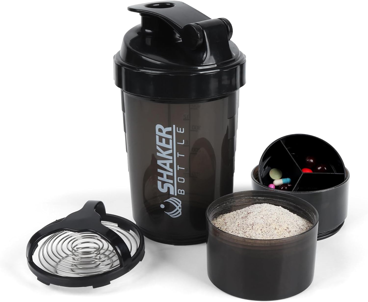 Shaker Bottle – Vaso agitador de proteínas con compartimentos de almacenamiento – Botellas de entrenamiento a prueba de fugas con mezclador para una