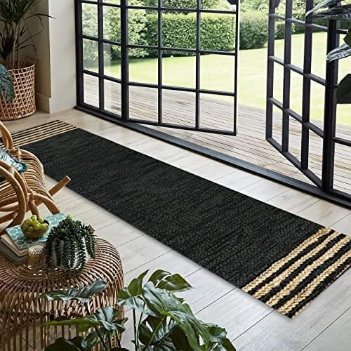 GRUHUM Alfombra rectangular de yute de 2 pies 6 x 14 pies, de fibra natural, color negro, rectangular, de cuero, tejida a mano, estilo bohemio,