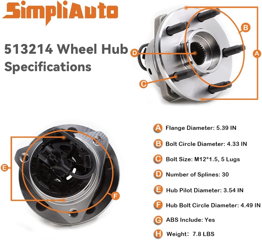 SimpliAuto 513214 Conjunto de rodamiento de cubo de rueda delantera compatible con Chevy Cobalt SS 2008-2010, Chevy HHR SS 2008-2010, Malibu