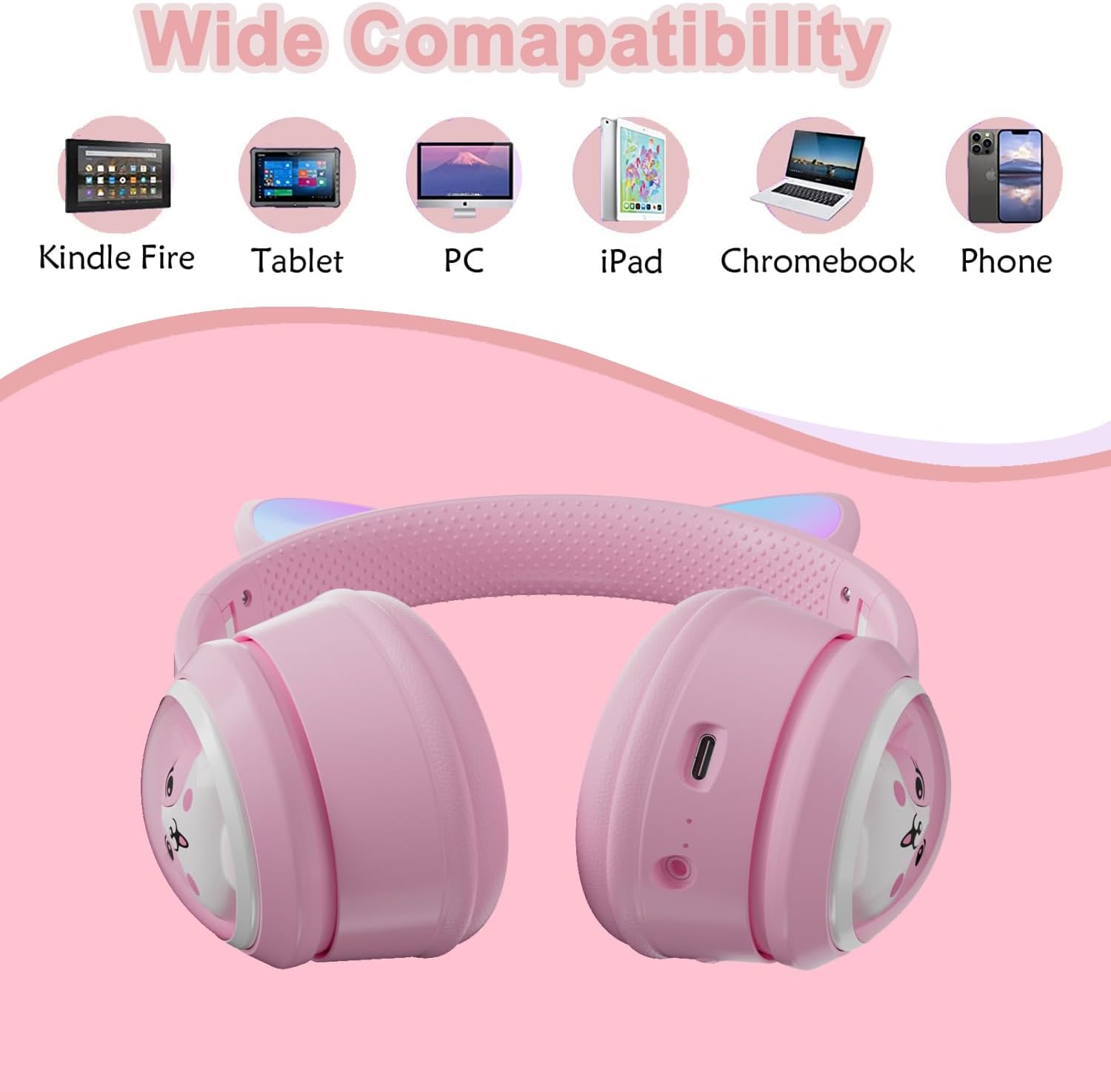 TOKANI Auriculares inalámbricos Bluetooth para niños, adolescentes y adultos, auriculares Bluetooth con micrófono, auriculares de oreja de gato para