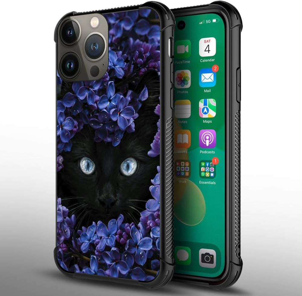 CARLOCA Funda compatible con iPhone 15 Plus, funda negra con patrón de gato Mumbai Clivia para iPhone 15 Plus, ultra protección, a prueba de golpes,