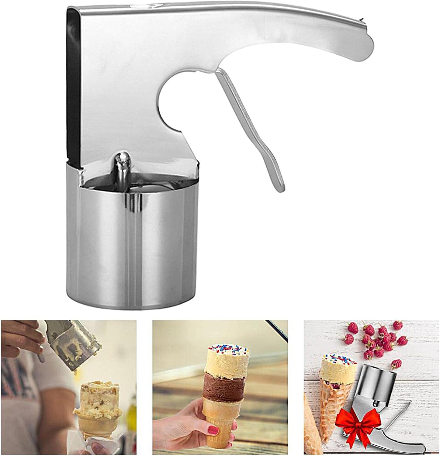Cuchara de helado de acero inoxidable,Cuchara de helado de cilindro,Cuchara de helado de tiempo antiguo con gatillo accionado por resorte, cuchara