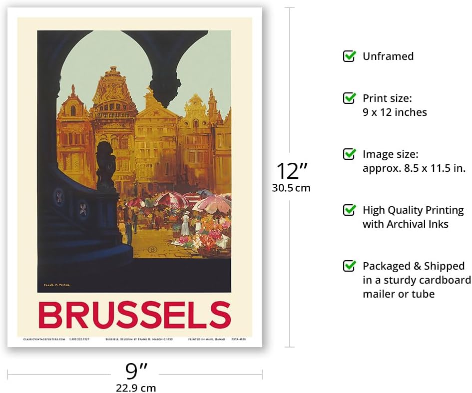 Bruselas, Bélgica – The Grand Place – Ferrocarriles nacionales belgas – Póster de viaje vintage por Frank H. Mason c.1930 – Impresión artística