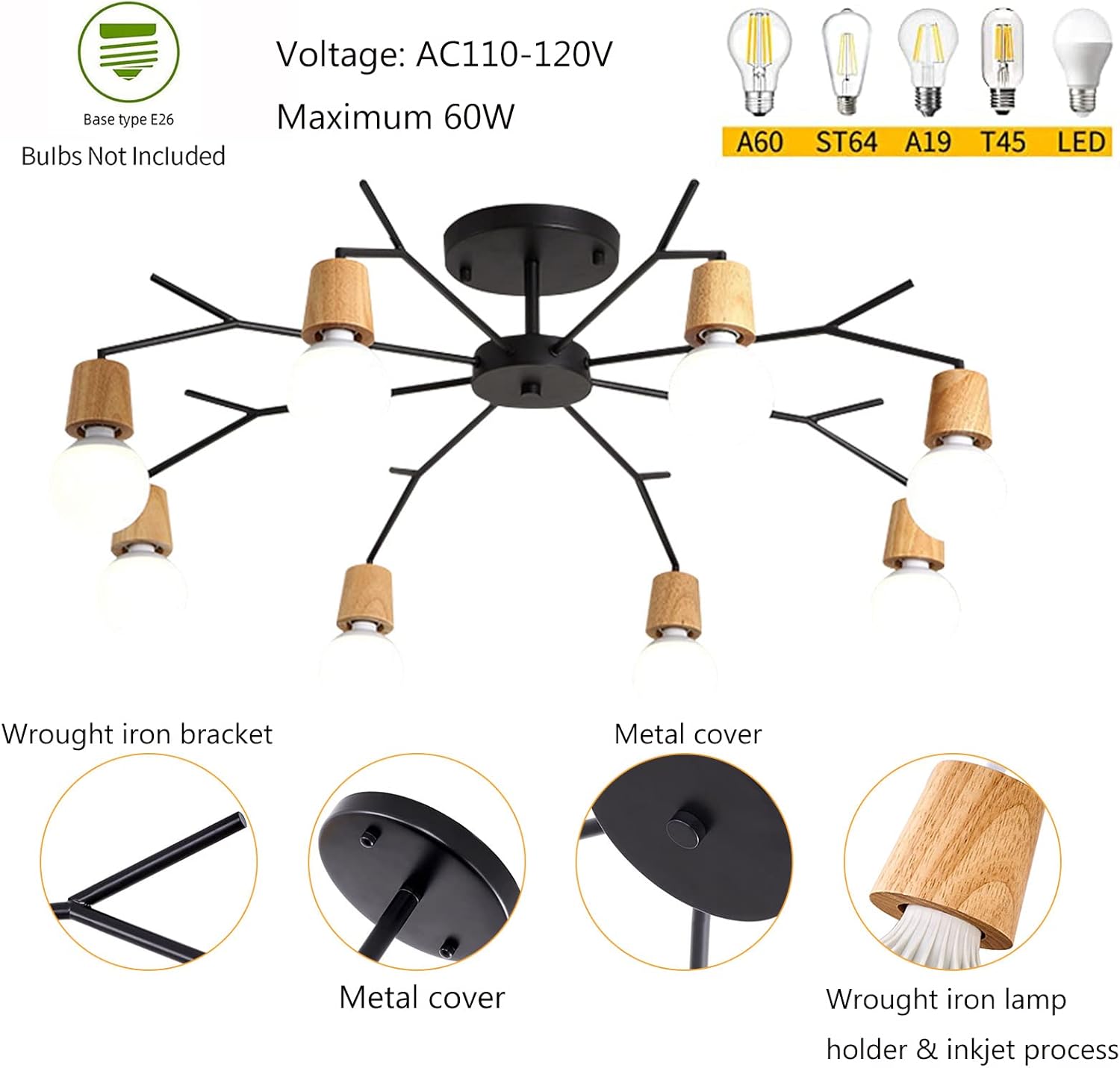 Lámpara de techo moderna de 6 luces, enchufe de bombilla E26 de montaje semiempotrado, lámpara de araña negra y dorada para dormitorio, sala de