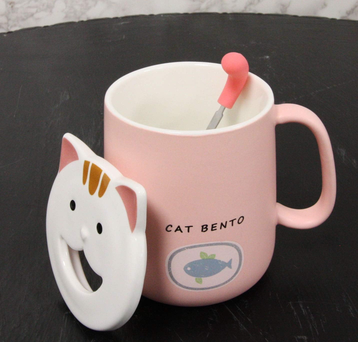 Ebros – Taza de café de porcelana con mango en forma de lengua, cuchara y tapa de cara sonriente, taza de café o té de porcelana, 14 onzas, para