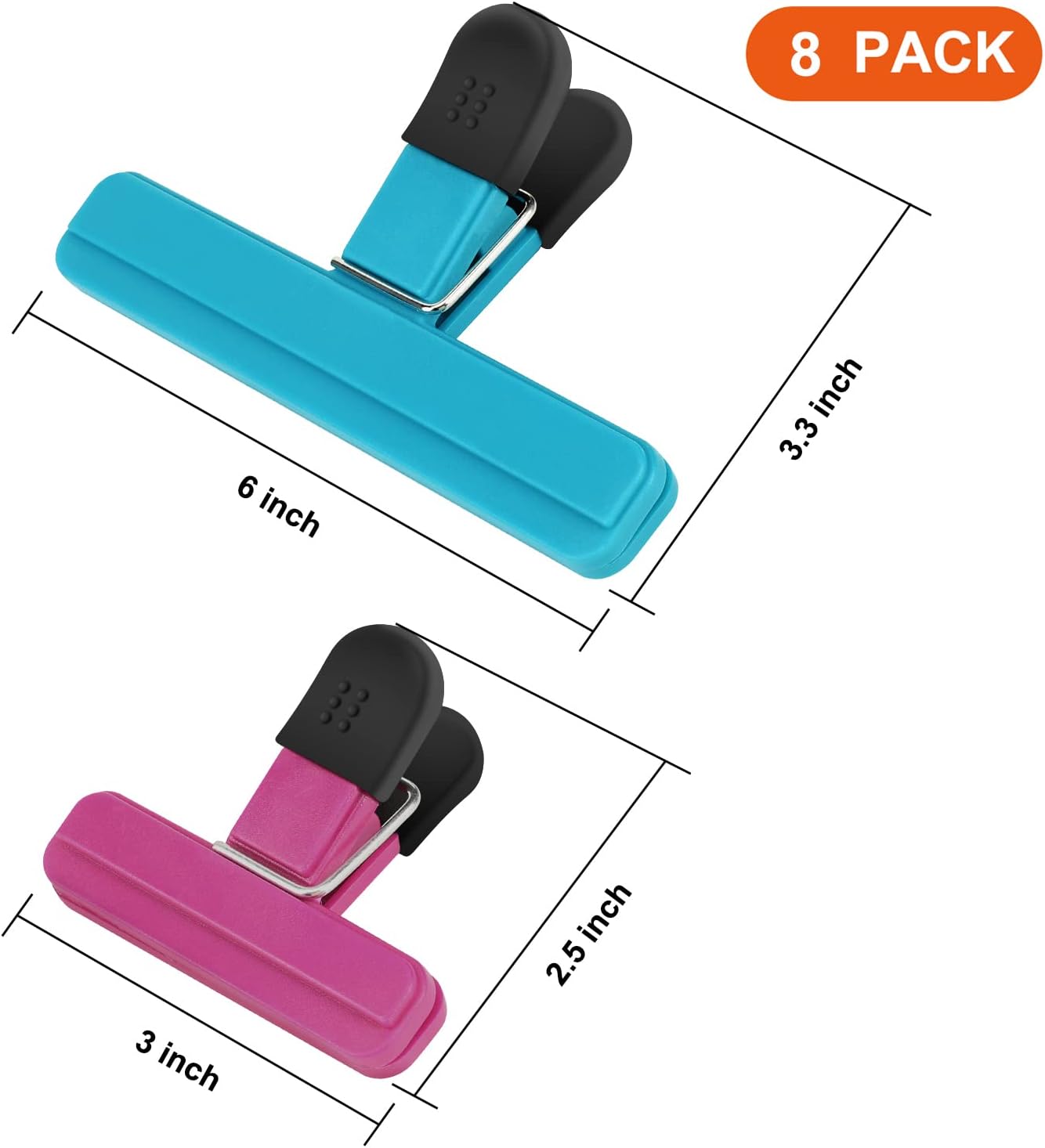 TACGEA Clips para chips, paquete de 8 clips para alimentos, clips amplios abiertos para bolsas para almacenamiento de alimentos con agarre hermético