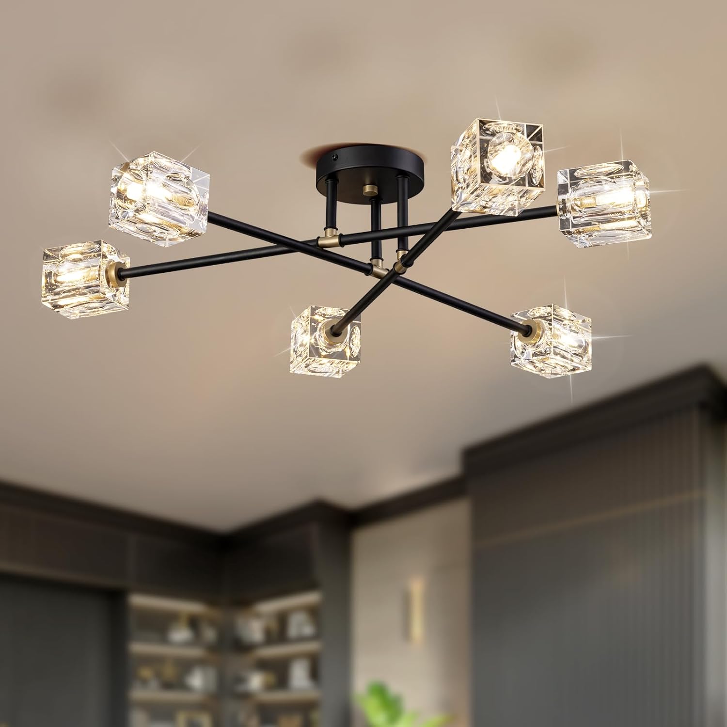 Lámpara de techo semiempotrada de 6 luces, moderna lámpara Sputnik del siglo negro y dorado, accesorios de iluminación de montaje en techo de