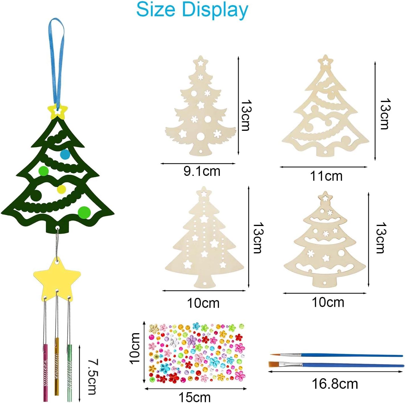 Paquete de 12 carillones de viento para niños, kits de manualidades de Navidad, carillón de viento de madera sin terminar, adornos de árbol de