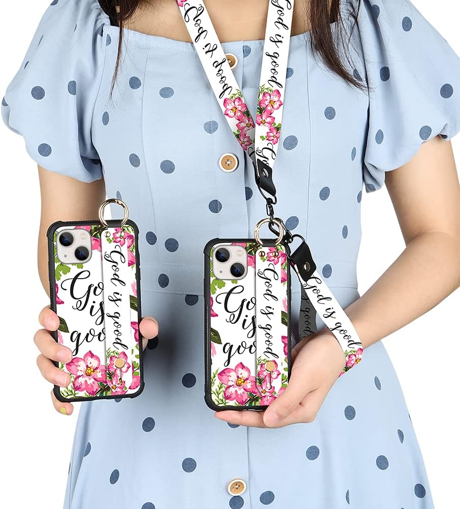 KANGHAR Funda compatible con iPhone 13, diseño floral de flores, correa de muñeca para Apple iPhone 13 de 6.1 pulgadas 2021 5G (Dios es bueno)