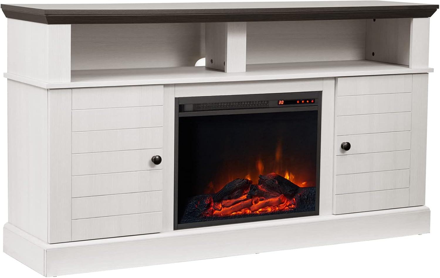 Teamson Home Eliana – Centro de entretenimiento de granja de 60 pulgadas con chimenea, estantes abiertos, dos gabinetes, roble blanco y oscuro