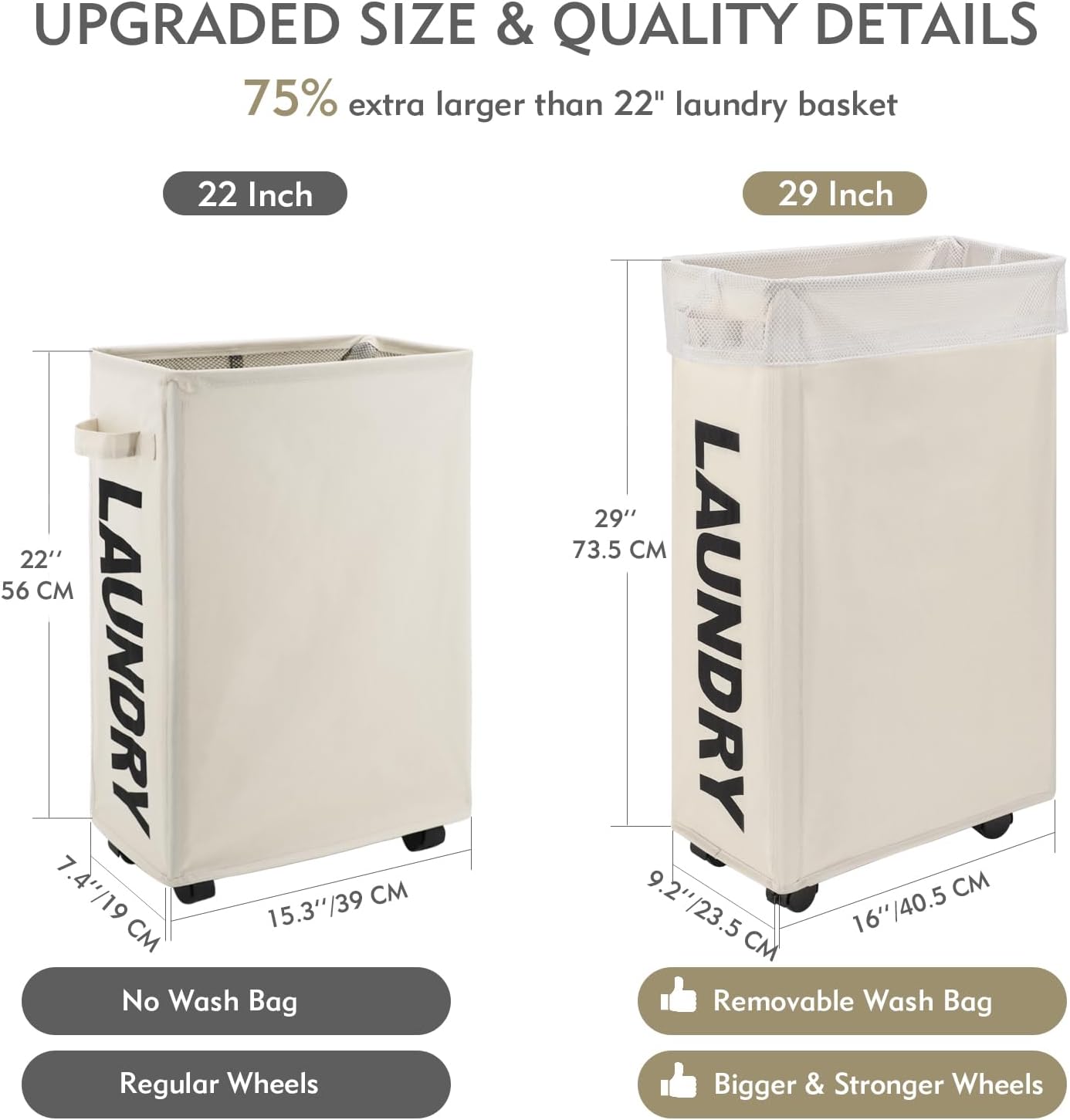 TOTANKI Cesta de lavandería grande y delgada de 29 pulgadas con ruedas con bolsa extraíble, cesta plegable para la ropa sucia con asa, clasificador