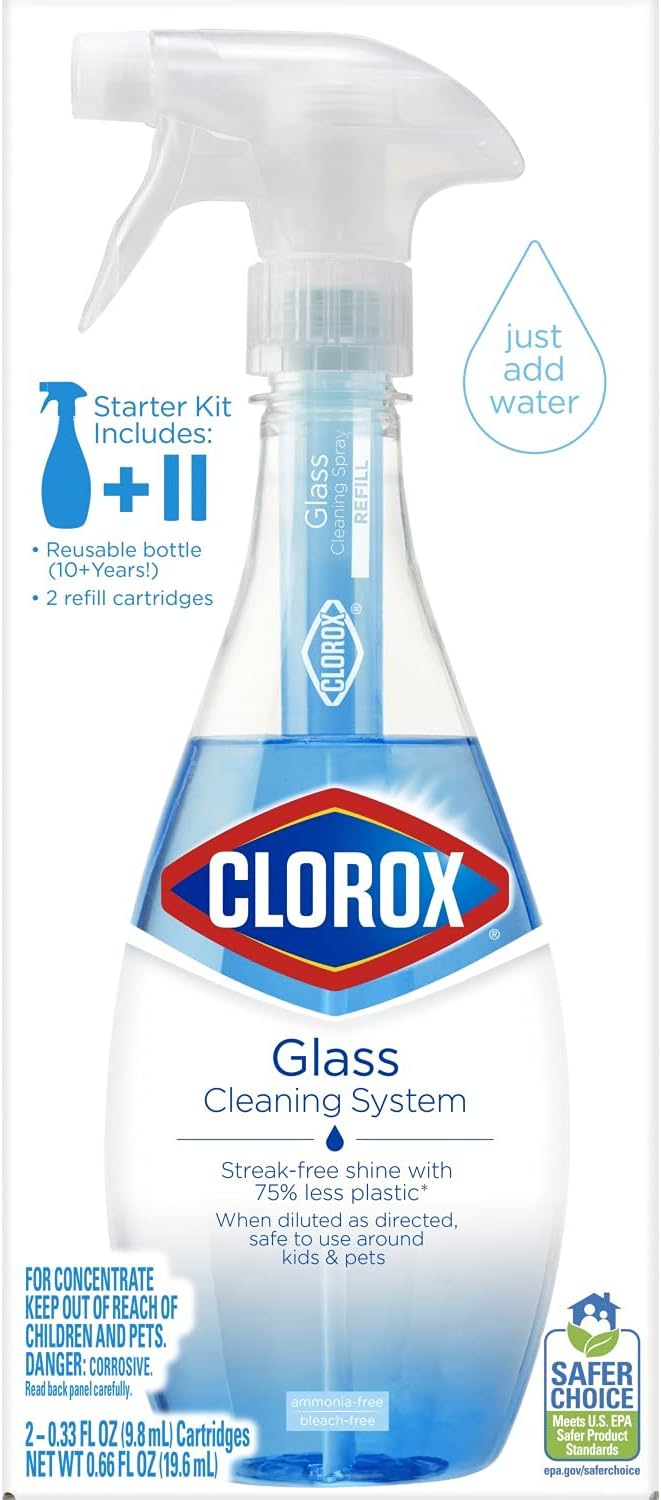Clorox Glass Cleaner Cleaning System with one Reusable Bottle Plus 2 Refill Cartridges, Household Essentials, 3 Piece Set