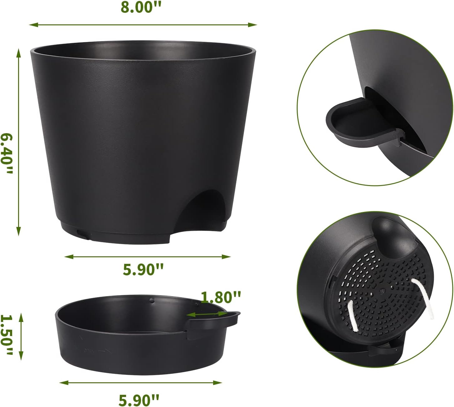 Macetas de riego automático de 8 pulgadas para interiores, paquete de 6 macetas de plástico con agujeros de drenaje, color negro