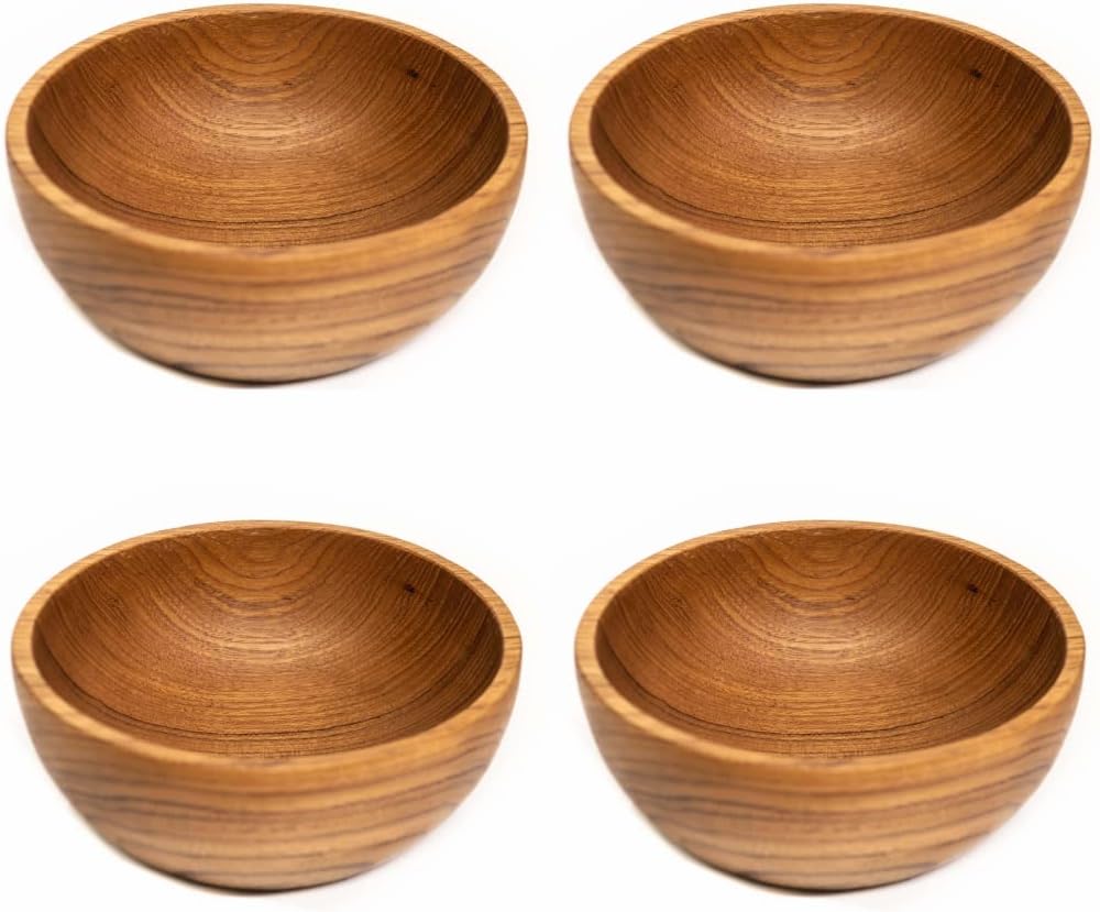 Juego de 4 cuencos regulares de madera de teca javanesa clásica de 6 pulgadas, perfectos para uso diario, aptos para el calor y el frío, ultra