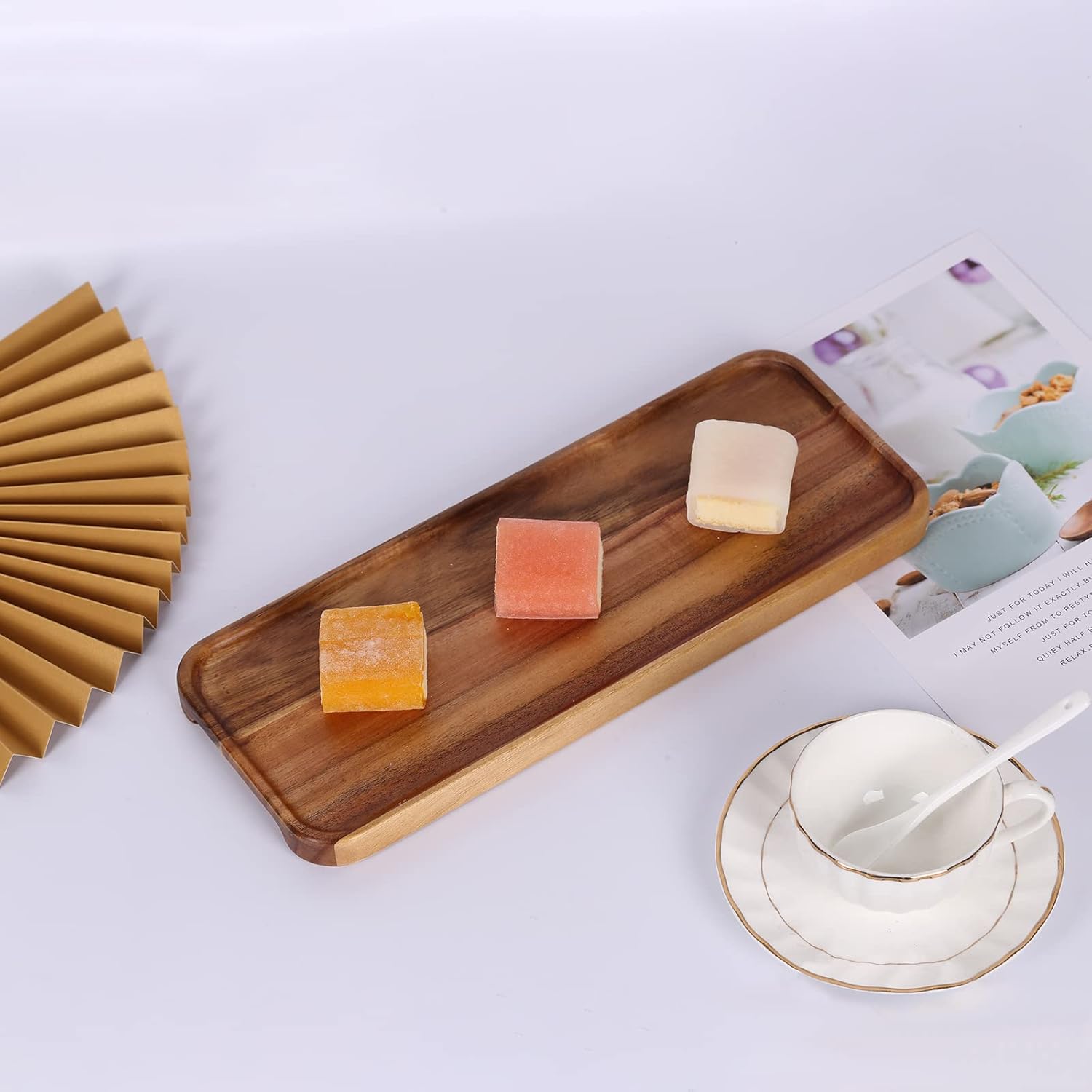 Bandeja de madera para servir (14 x 5.14 pulgadas), bandeja de madera de acacia natural, bandeja para servir, platos de comida y bandejas para