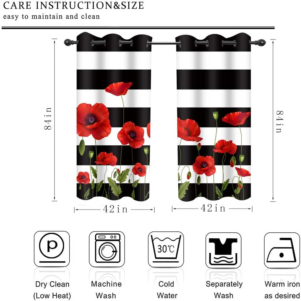 CLOKEO0343 – Cortina de amapola con diseño de flores rojas, rayas blancas y negras, para oscurecer la habitación, con aislamiento térmico y ojales,