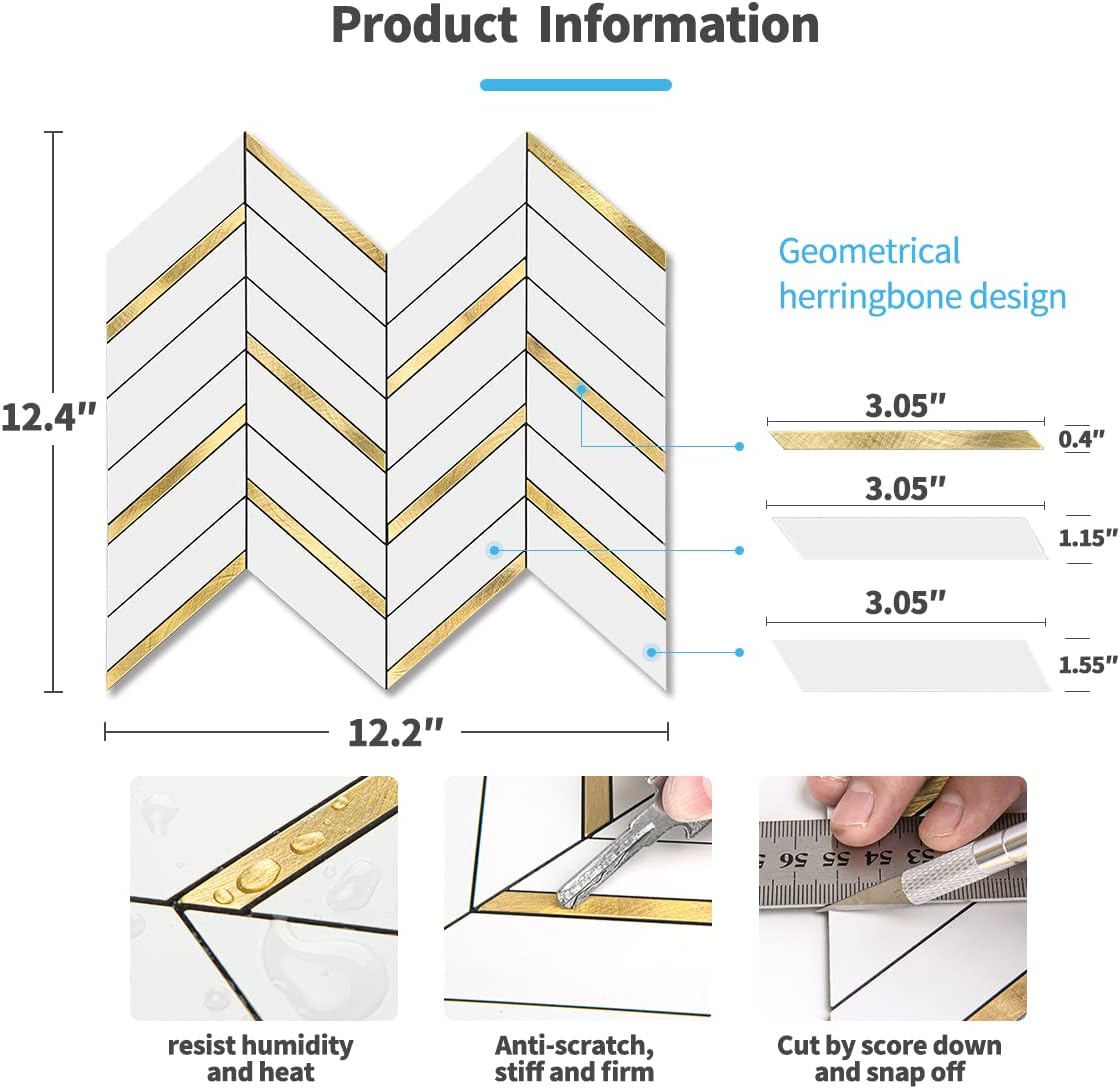 Art3d 1 hoja de espiga para despegar y pegar, azulejos de mármol autoadhesivos para azulejos de pared para cocina, baño. (metal dorado mezclado