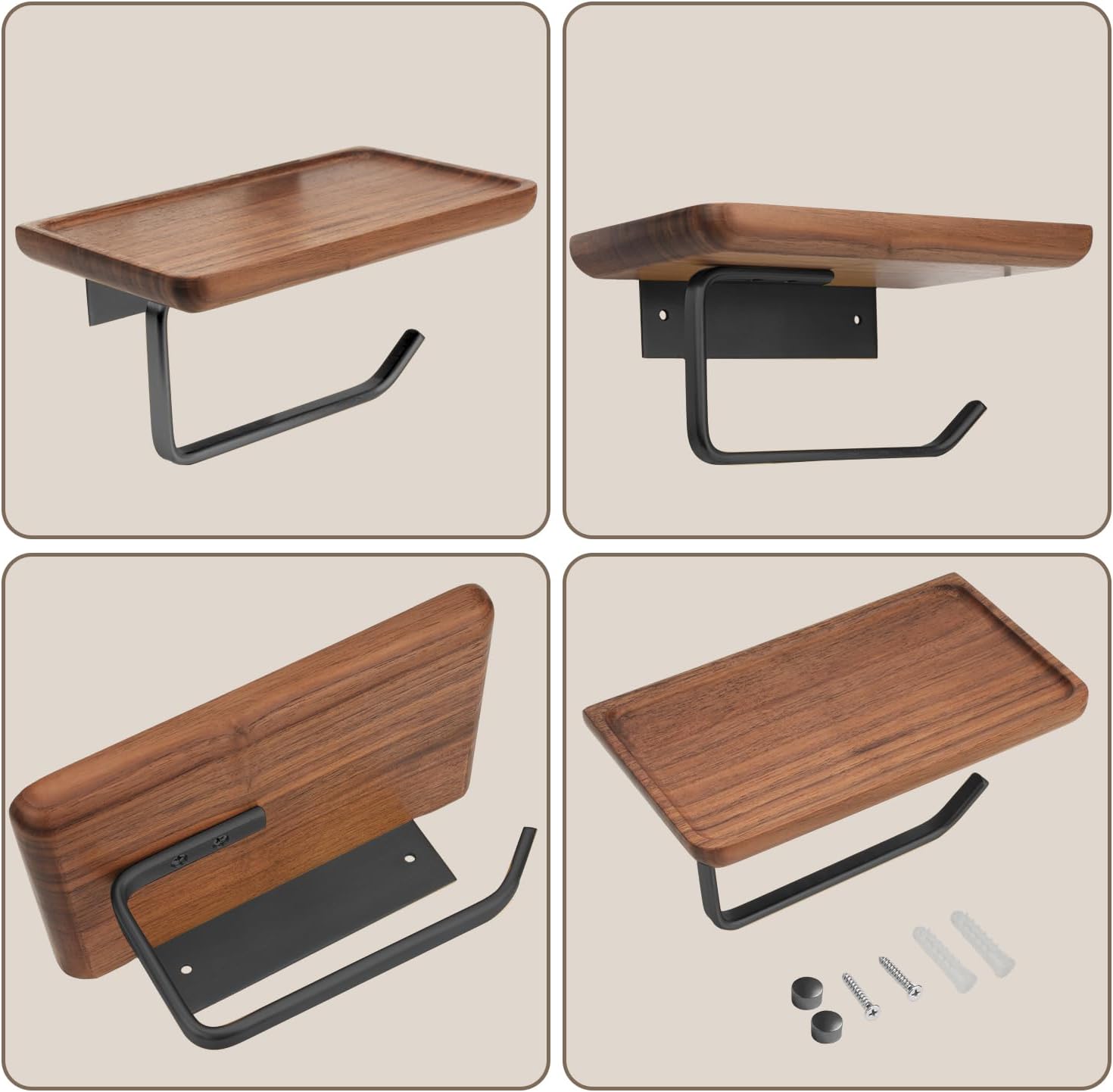 Soporte de papel higiénico con estante negro, soporte de pared de madera para rollo de papel de seda con tornillo, accesorios de baño decoración