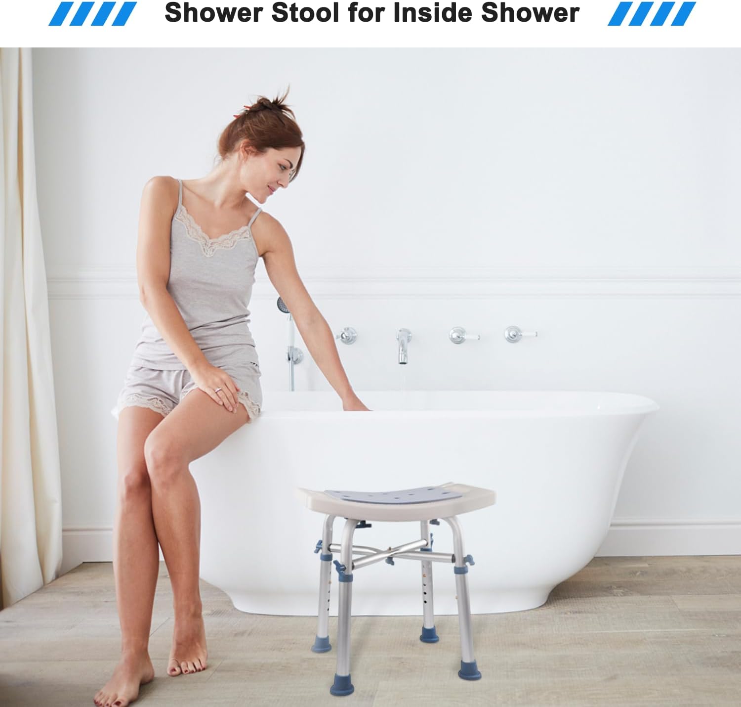Taburete de ducha con soportes únicos de barra transversal resistente, asiento de ducha, silla de ducha ajustable en altura para duchabañera