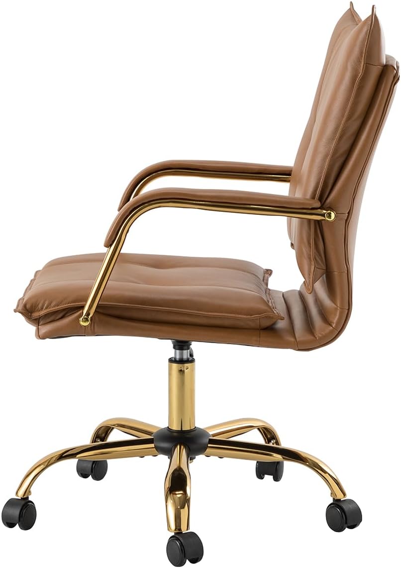 TINA’S HOME Silla de escritorio de piel sintética para oficina en casa, silla giratoria ajustable para computadora con patas y brazos dorados,