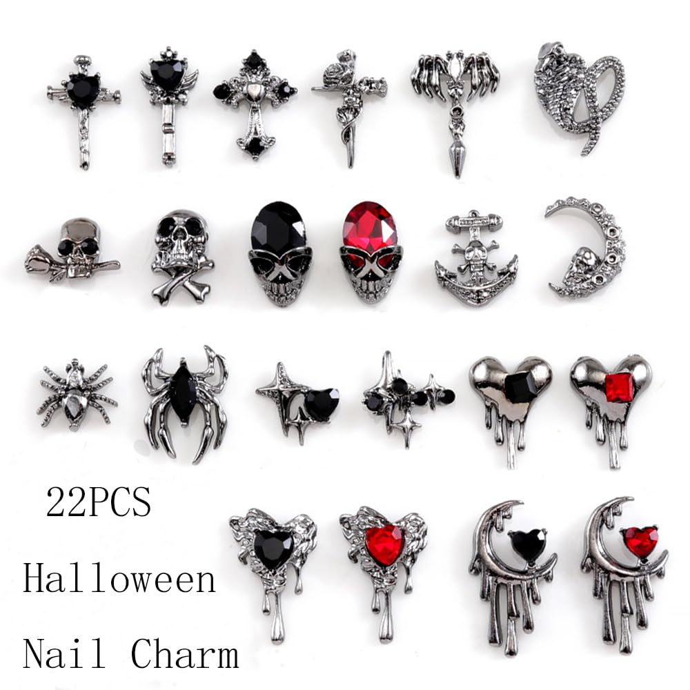 22 dijes de uñas de Halloween de aleación 3D, dijes de arte de uñas 3D, diamantes de imitación negros y rojos, suministros de uñas, esqueleto,