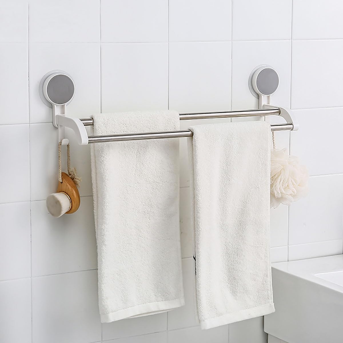 Cetomo Toallero de doble barra montado en la pared con 2 ganchos para ducha, puf, paño de limpieza, cepillo de cocina, baño, marco de plástico,