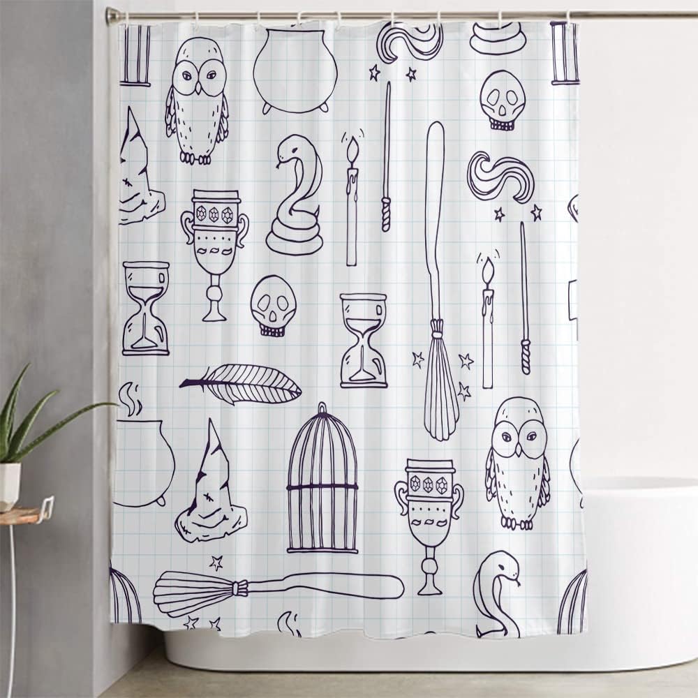 Juego de 4 cortinas de ducha con alfombras antideslizantes, cubierta para tapa de inodoro y tapete de baño, equipo de bruja, diseño de varita,