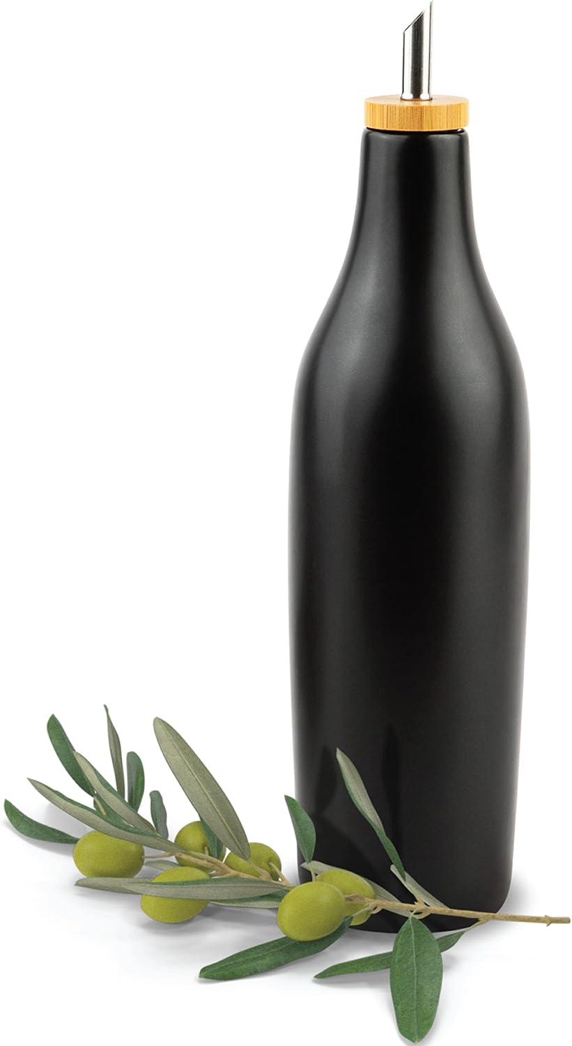 kitchentoolz Botella dispensadora de aceite de oliva negro, recipiente de cerámica de 16 onzas para AOVE o vinagre, diseño de mostrador de cocina