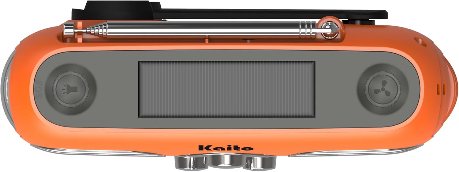 Kaito KA777 Radio de emergencia y ventilador portátil – Radio meteorológica AMFM NOAA y banco de energía de 4,000 mAh recargable con panel solar y