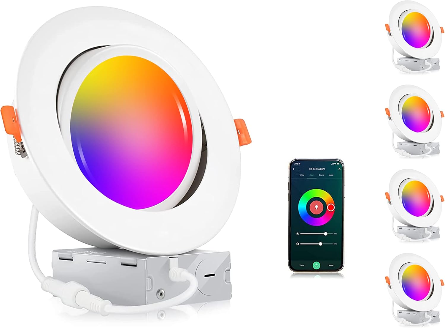 Paquete de 4 luces empotradas ClOUDY BAY con cardán inteligente WiFi de 6 pulgadas cambio de color RGBCW compatible con Alexa y Google Home no Paquete de 4 luces empotradas ClOUDY BAY con cardán inteligente WiFi de 6 pulgadas cambio de color RGBCW compatible con Alexa y Google Home no