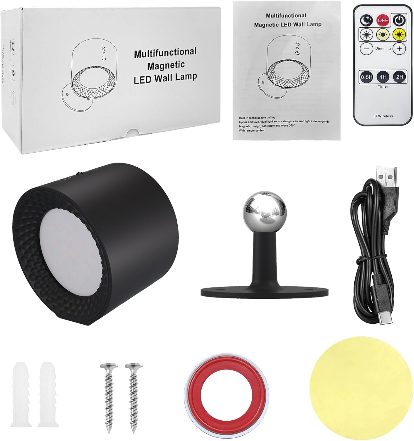 Aplique de pared LED arriba y abajo doble lámpara con 4 brillo regulable, 3 colores, bola magnética extraíble inalámbrica de rotación de 360,