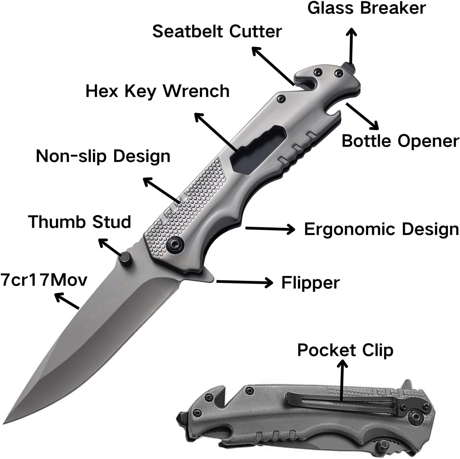 CHJIANAO Pocket Knives & Folding Knives,Knives for Men,5 in 1 Multitool Tactical Knife Glass Breaker,Bottle Opener,Seatbelt Cutter,Wrench,Small Edc
